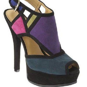 Nine West Founder Suede Blue/Green Multi Colorblock Platform Sandals Heels, 7M